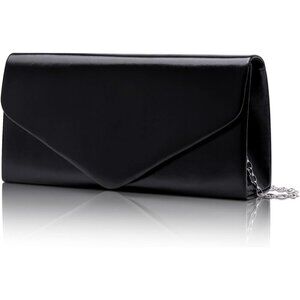 🆕Women's Black Vegan Leather Envelope Clutch Purse Evening Bag with Chain Strap